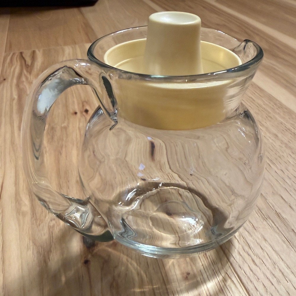 Vintage Hand Blown Glass Juice Pitcher Clear Off White Plastic Lid MCM Style